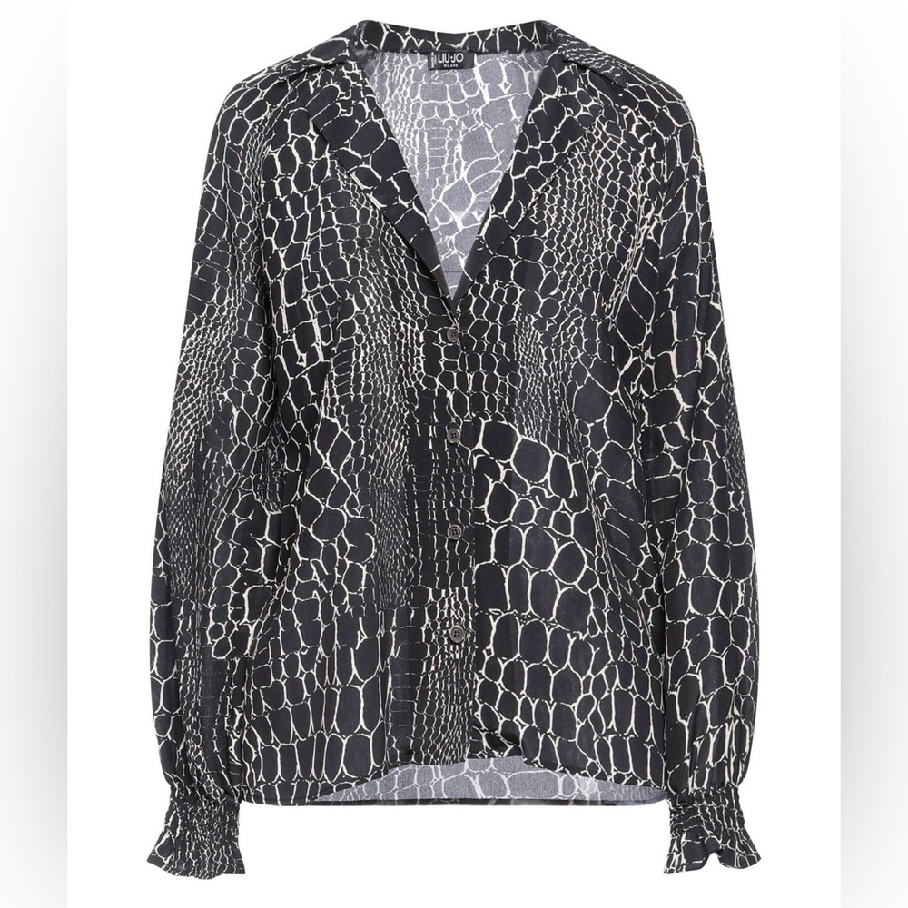 Liu Jo Black and Gray Graphic Notched Collar Blouse